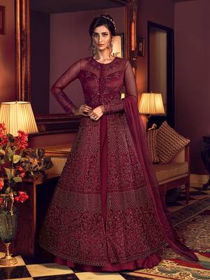 Wine embroidered net salwar 1