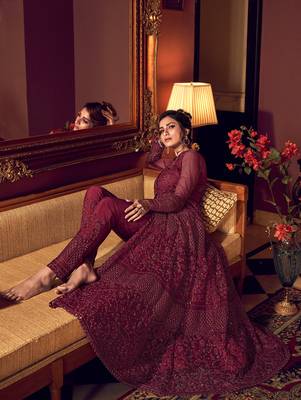 Wine embroidered net salwar 2