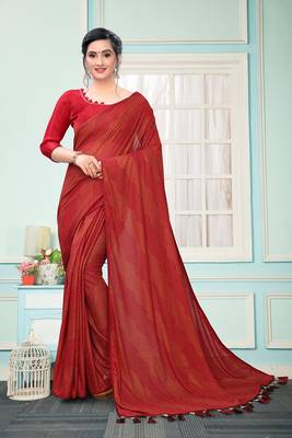 Red Plain Imported Fabric Designer Saree With Blouse 1
