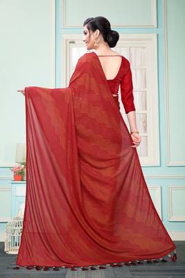 Red Plain Imported Fabric Designer Saree With Blouse 2