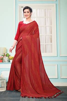 Red Plain Imported Fabric Designer Saree With Blouse 3
