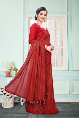 Red Plain Imported Fabric Designer Saree With Blouse 4