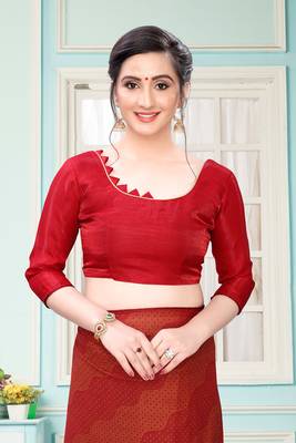 Red Plain Imported Fabric Designer Saree With Blouse 5