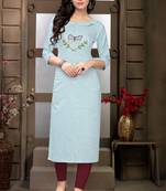 Butterfly Light Blue Hand Embroidered Peter Pan Collar Neck Straight Kurti for Women