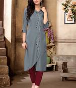 Muslin Slate Grey Color in Embroidery Work Mandarin Collar Neck Straight Kurta for Women