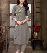 Loom Grey Color with Single Side Multi Color Embroidery Work Straight Kurta for Women