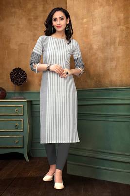 Cotton Line Grey and White Color Boat Neck Straight Kurti for Women 1