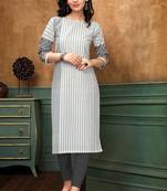 Cotton Line Grey and White Color Boat Neck Straight Kurti for Women