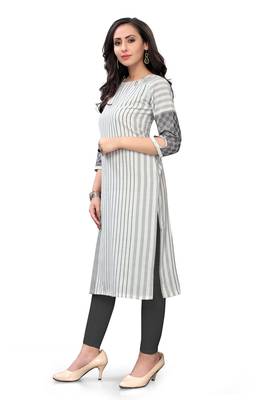 Cotton Line Grey and White Color Boat Neck Straight Kurti for Women 4