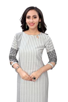 Cotton Line Grey and White Color Boat Neck Straight Kurti for Women 5