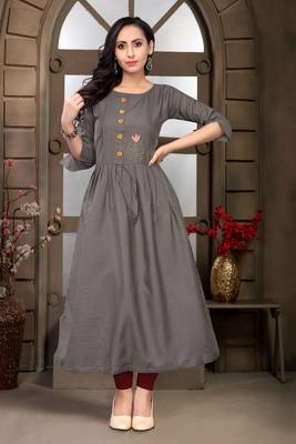 3 Flower Grey Color Hand Embroidered Round Neck A-Line Kurti for Women 1