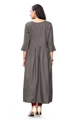 3 Flower Grey Color Hand Embroidered Round Neck A-Line Kurti for Women 2