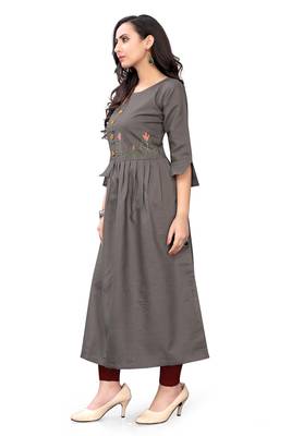 3 Flower Grey Color Hand Embroidered Round Neck A-Line Kurti for Women 4