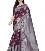 Purple printed Banarasi silk blend saree with blouse