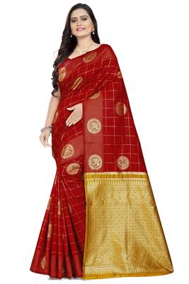 Red printed banarasi cotton saree with blouse 1