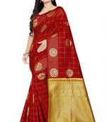 Red printed banarasi cotton saree with blouse