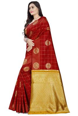 Red printed banarasi cotton saree with blouse 2