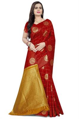 Red printed banarasi cotton saree with blouse 3