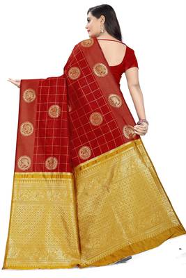 Red printed banarasi cotton saree with blouse 4