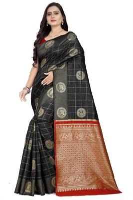 Black printed banarasi cotton saree with blouse 1