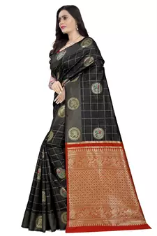 Black printed banarasi cotton saree with blouse