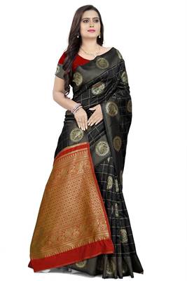 Black printed banarasi cotton saree with blouse 3