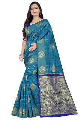 Sky blue printed banarasi cotton saree with blouse 1