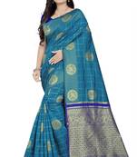 Sky blue printed banarasi cotton saree with blouse