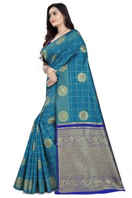 Sky blue printed banarasi cotton saree with blouse 2