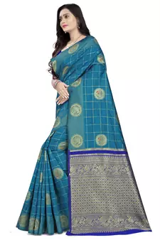 Sky blue printed banarasi cotton saree with blouse