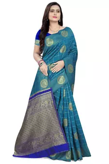 Sky blue printed banarasi cotton saree with blouse