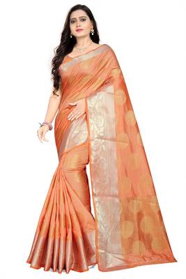 Orange printed Banarasi silk blend saree with blouse 1