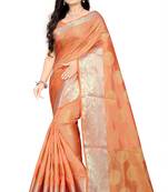 Orange printed Banarasi silk blend saree with blouse