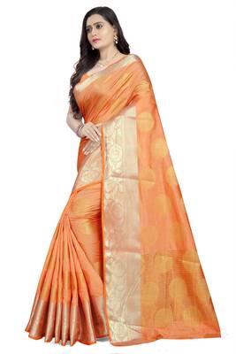 Orange printed Banarasi silk blend saree with blouse 2