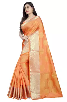 Orange printed Banarasi silk blend saree with blouse