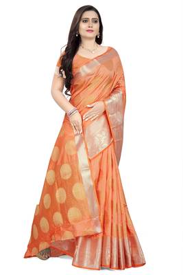 Orange printed Banarasi silk blend saree with blouse 3