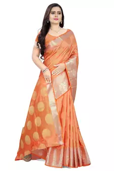 Orange printed Banarasi silk blend saree with blouse