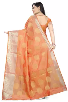 Orange printed Banarasi silk blend saree with blouse