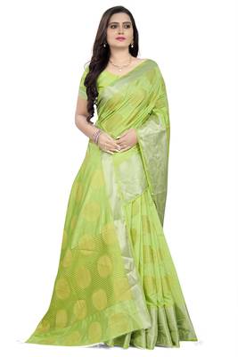 Light green printed banarasi silk saree with blouse 3