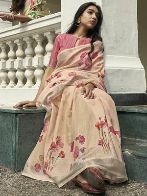 Peach printed linen saree with blouse 2