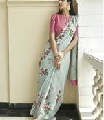 Light blue printed linen saree with blouse