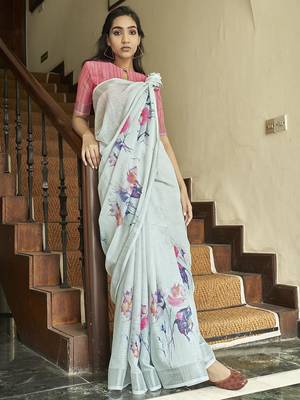 Light blue printed linen saree with blouse 1