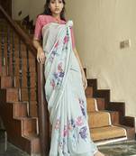 Light blue printed linen saree with blouse