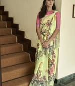 Yellow printed linen saree with blouse