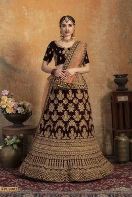 Maroon embroidered velvet semi stitched lehenga 1