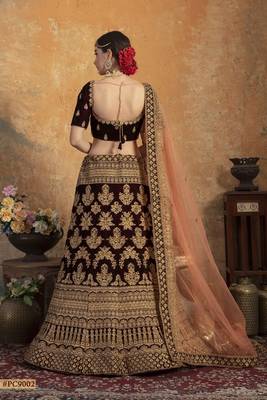 Maroon embroidered velvet semi stitched lehenga 4