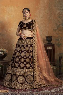 Maroon embroidered velvet semi stitched lehenga 1