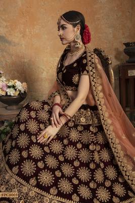 Maroon embroidered velvet semi stitched lehenga 2