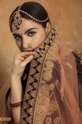 Maroon embroidered velvet semi stitched lehenga 3