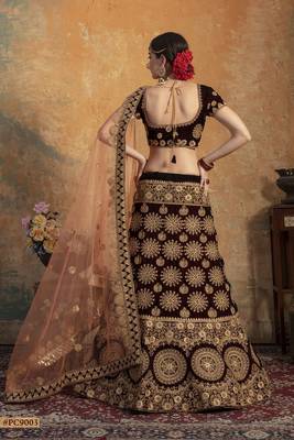 Maroon embroidered velvet semi stitched lehenga 4
